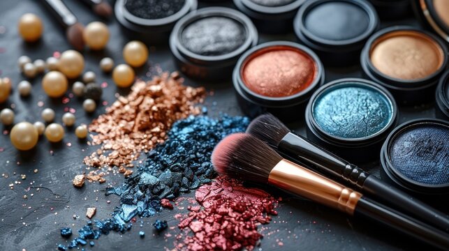 Exploring vibrant colors and textures in an artist's makeup palette on a dark surface during a creative session. Generative AI