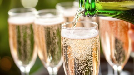 Bubbly Drink Being Poured into Flute Glasses