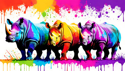 Vibrant, digitally created image featuring four rhino each painted in a different array of bright, rainbow colors. 