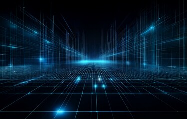 A dark blue, abstract, futuristic, digital cityscape composed of glowing lines.