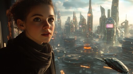 a woman of the future looks at the high-tech city of the future