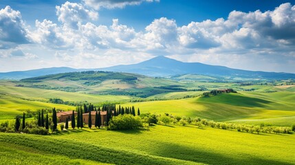 Obraz premium Stunning Tuscan Countryside with Rolling Hills, Vineyards, and Cypress Trees