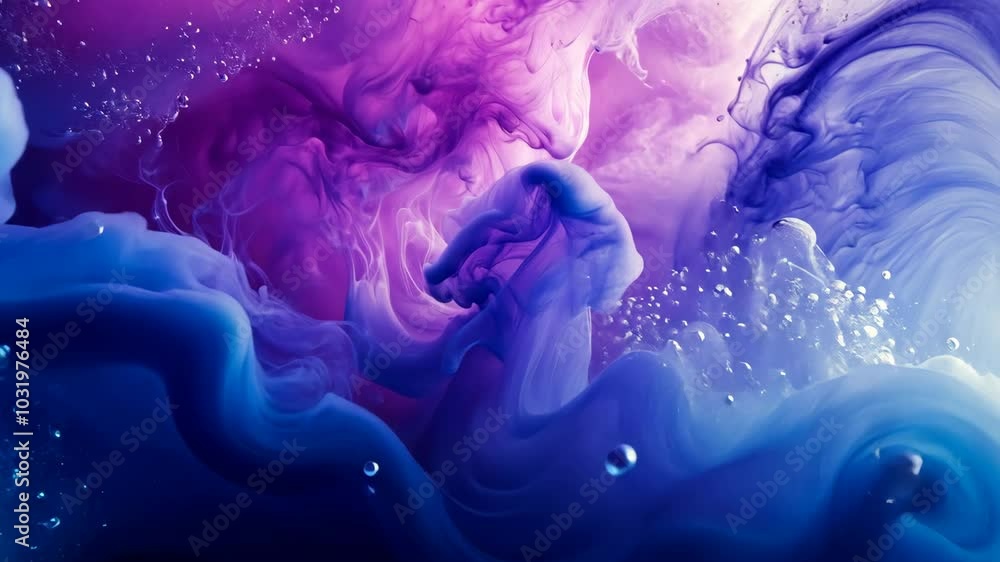 Poster blue and purple ink swirl and mix together in a mesmerizing pattern, creating abstract art with air 