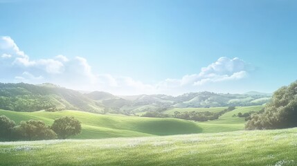 Fototapeta premium Serene Meadows and Rolling Hills Bathed in Soft Sunlight