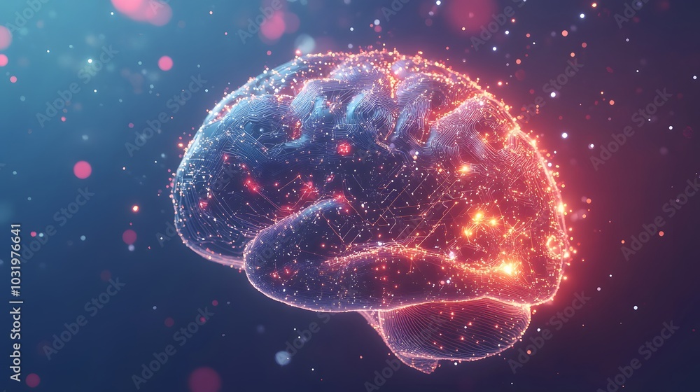 Poster a 3d digital rendering of a human brain with glowing red and orange lines and dots