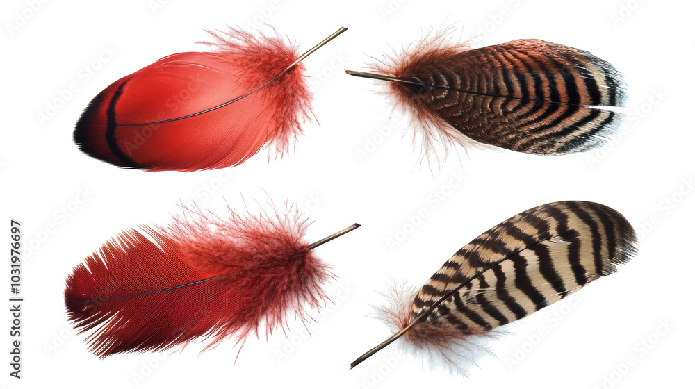 Poster red and patterned feathers on transparent background generative ai