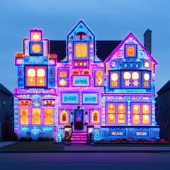 Naklejka premium A brightly lit house decorated with colorful holiday lights.