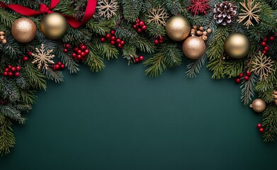 Festive holiday decoration featuring pine branches, ornaments, and ribbons on a dark green backdrop
