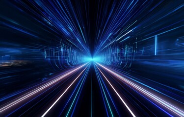 Obraz premium Abstract digital art with a glowing blue tunnel and white streaks of light leading the viewer to an unknown destination.