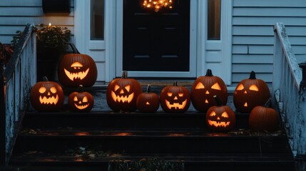 Obraz premium Halloween Pumpkins with Creative Expressions on Steps