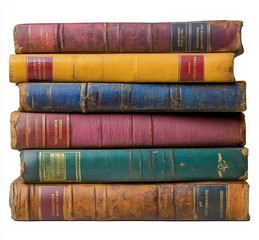 A stack of vintage books featuring colorful covers, resting on a clean white surface