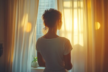 Young woman opening light curtains at home, Generative AI