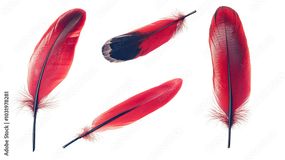 Poster beautiful collection of vibrant red feathers on a clear background generative ai