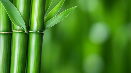 Obraz premium A vibrant close-up of fresh green bamboo stems, softened by a blurred background, ideal for placing text. The natural green hues evoke calm and nature