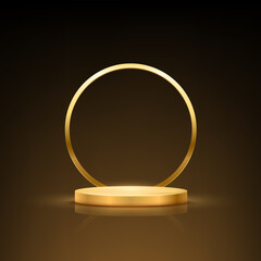 Gold award podium. Empty 3d golden empty stage with light glowing round frame. Luxury product presentation, winner ceremony, trophy prize. Abstract vector illustration.