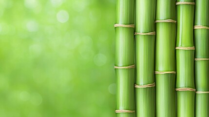 Fototapeta premium A vibrant close-up of fresh green bamboo stems, softened by a blurred background, ideal for placing text. The natural green hues evoke calm and nature