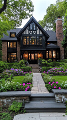 Elegant home with lush gardens and cozy ambiance.