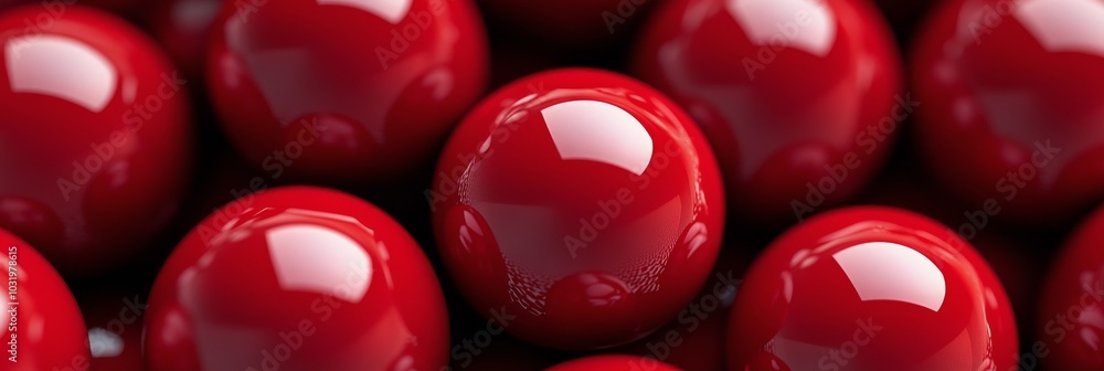 Poster close up view of shiny red balls arranged neatly on a flat surface during daylight