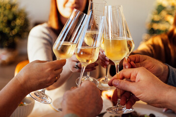 A happy big family at the dining table in the dining room at home