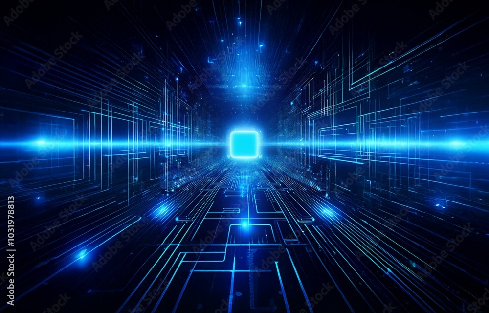 Poster A digital rendering of a glowing blue tunnel with lines converging in the distance.