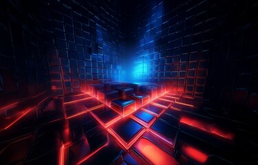 A digital rendering of a dark room with a glowing blue light emanating from the back wall. The floor is covered in glowing red squares.