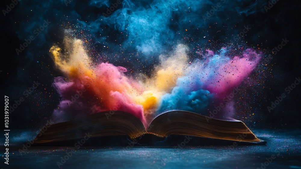Poster dramatic scene of an open book on a minimalistic dark background with vibrant clouds of colorful dus