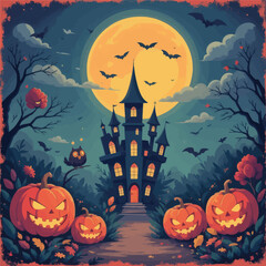 Fototapeta premium Spooky Halloween Castle with Pumpkins and Owl 