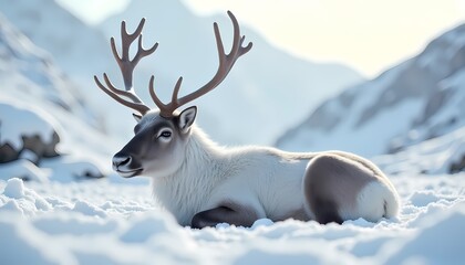 Obraz premium Majestic reindeer resting in a snowy landscape with mountains in the background