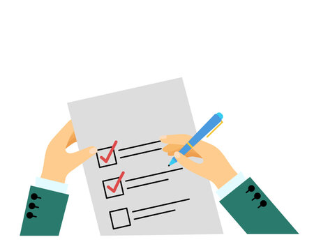 A hand holds a pen and a document. Checklist. Vector simple color flat illustration.
