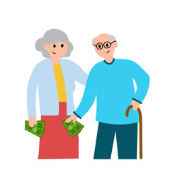 Old couple receives some money. Vector simple color flat illustration.