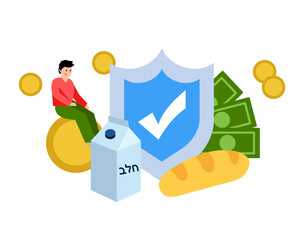 Guaranteed income, basic protected income in order to help a person to buy a basic products. Milk and bread. Vector simple color flat illustration.