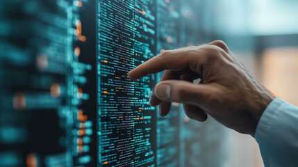 A close-up of a person's hand pointing at a digital display filled with data and code, showcasing interaction with technology and information.