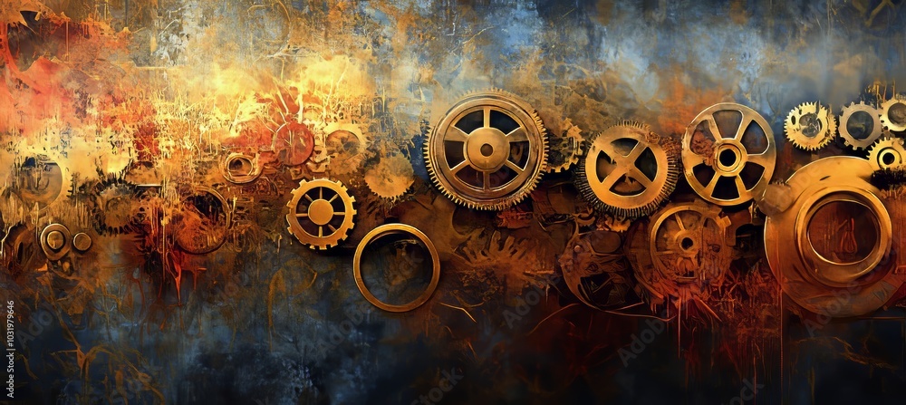 Poster golden steampunk gears on rusty mechanical background texture, pattern, and design elements