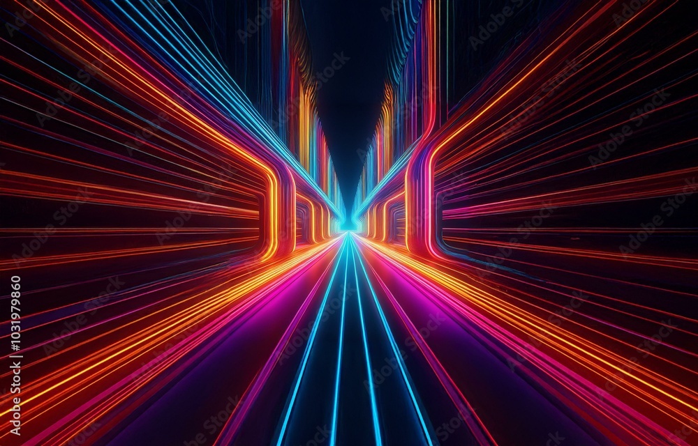 Poster abstract neon lines create a glowing tunnel effect.
