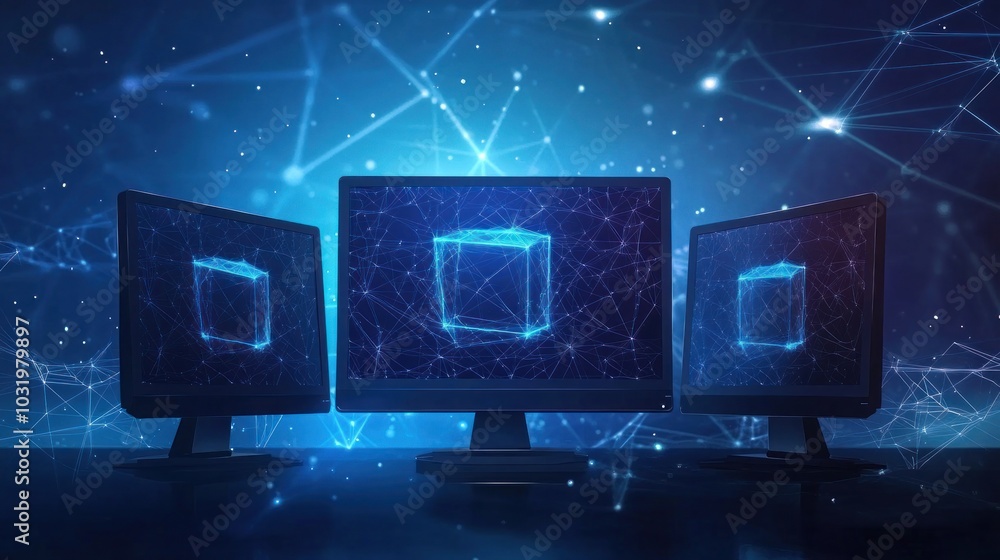 Poster three computer monitors displaying a 3d cube with abstract network connections