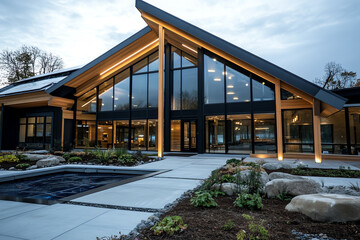 Obraz premium Modern architectural design with glass and wood.