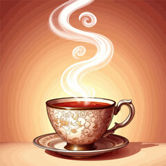 Teacup with Steam and Ornate Design