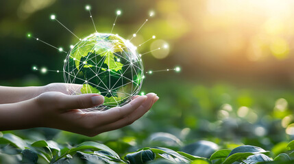 renewable energy light bulb with green energy, Earth Day or environment protection Hands protect forests that grow on the ground and help save the world, solar panels	