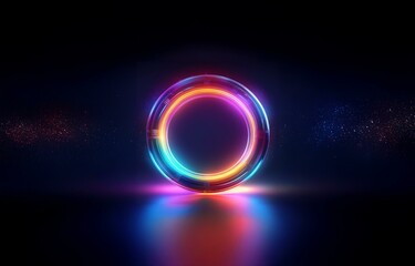 Obraz premium A glowing neon ring with bright colors and a reflection on a dark surface.