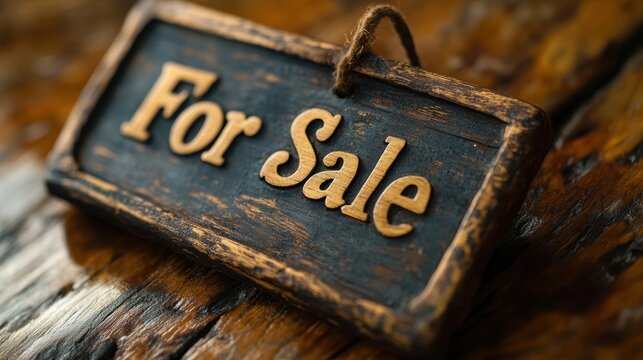Vintage-style wooden For Sale sign hanging against a rustic, textured wooden background, suggesting an old-fashioned, handcrafted approach to advertising