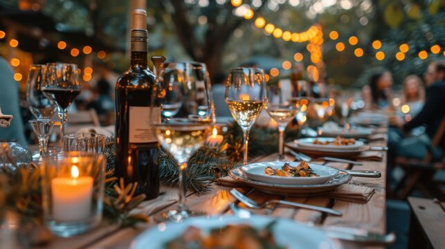 A festive outdoor dinner party setting with a beautifully decorated table featuring wine bottles, glasses, candles, and plates of food under string lights during twilight