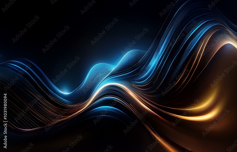 Poster abstract dark background with glowing blue and orange lines creating a wavy pattern.