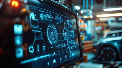 Obraz premium Closeup of a computer monitor displaying digital data and information for car repair, maintenance, and diagnostics. futuristic concept.