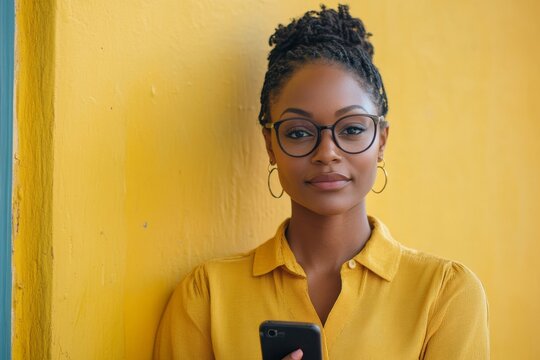 African american woman using her mobile phone, holding a gadget in her hands ,looking into the camera ,full length ,copy space, Generative AI