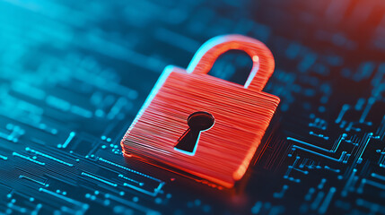 Close-up of a red digital lock symbol on a circuit board background, representing cybersecurity and data protection in the digital age.