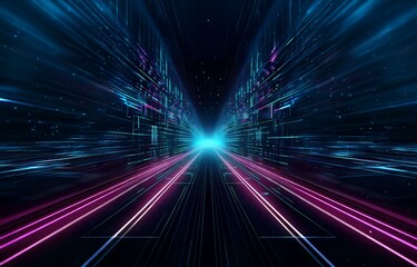 A dark abstract digital background with a glowing pink and white pathway in the center.