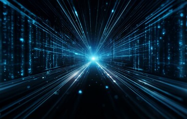 A dark tunnel with blue lines emanating from the center and a bright light at the end.