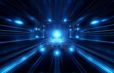 A futuristic abstract illustration with glowing blue lines and shapes, creating a sense of digital depth and movement.