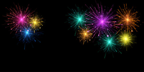 Festive Fireworks. Colorful explosion of multicolored bright fireworks lights on transparent background for design and illustrations. Vector