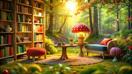 Toadstool Table Set in Cozy Reading Corner with Bookshelf Design, Perfect for Kidsâ€™ Rooms and Play Areas, Whimsical Decor, Nature-Inspired Furniture for Imagination and Fun